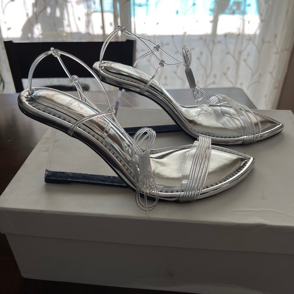 Good American Cinderella Clear Wedge Ankle Strap Heels